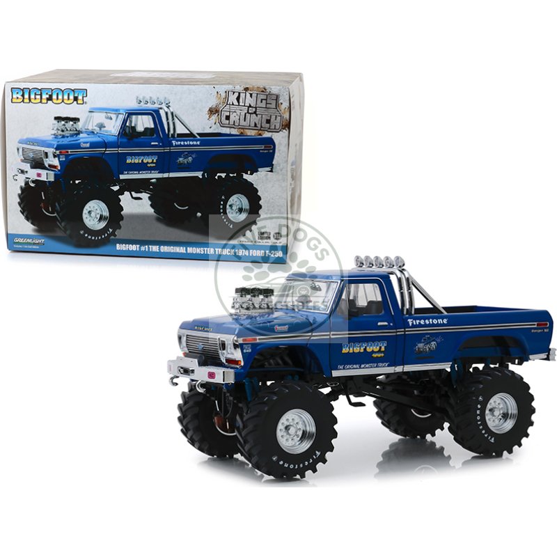 1974 ford f 250 bigfoot #1 the original monster truck blue with 48 inch tires "kings of crunch" 1/18 diecast model car by greenlight
