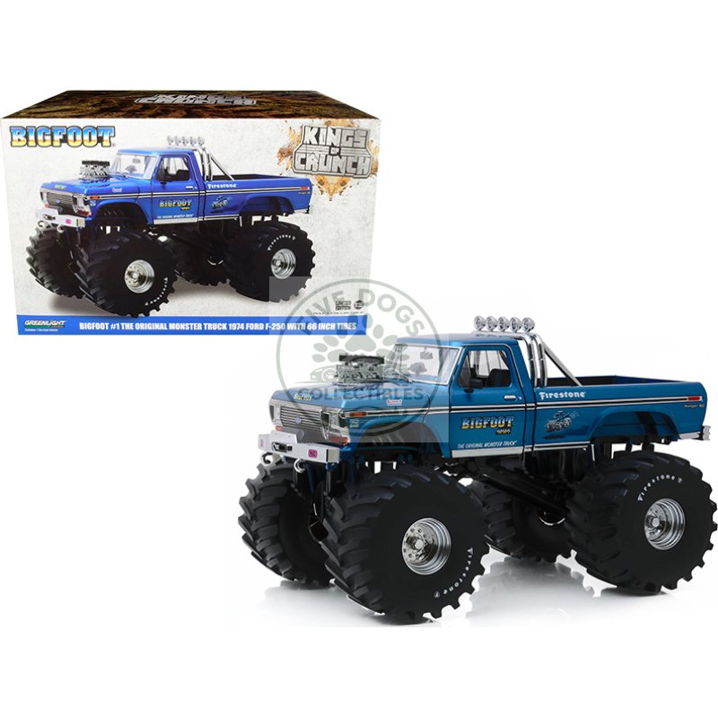 1974 ford f 250 ranger xlt monster truck with 66 inch tires blue "bigfoot #1" "kings of crunch" series 1/18 diecast model car by greenlight