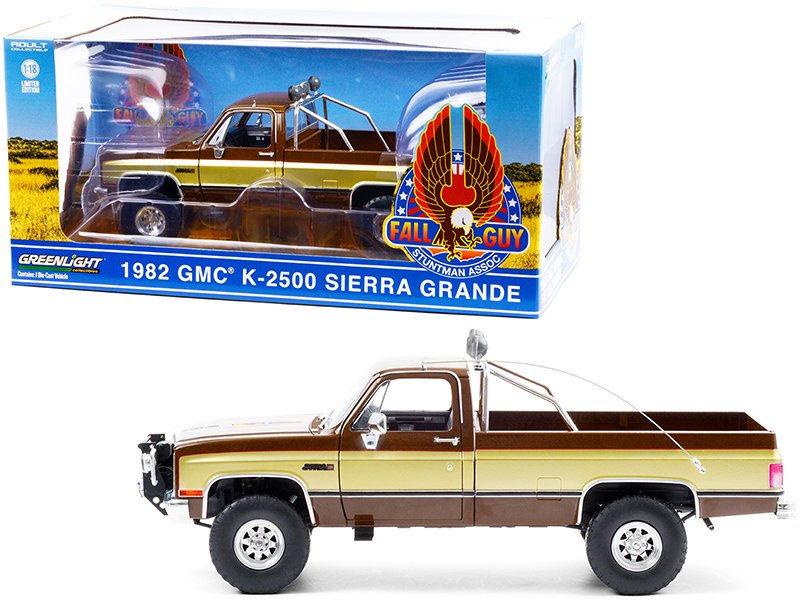 1982 gmc k 2500 sierra grande pickup truck brown with gold sides "fall guy stuntman association" "the fall guy" (1981 1986) tv series 1/18 diecast model car by greenlight 1982 gmc k 2500 sierra grande pickup truck brown with gold sides "fall guy stuntman association" "the fall guy" (1981 1986) tv series 1/18 diecast model car by greenlight