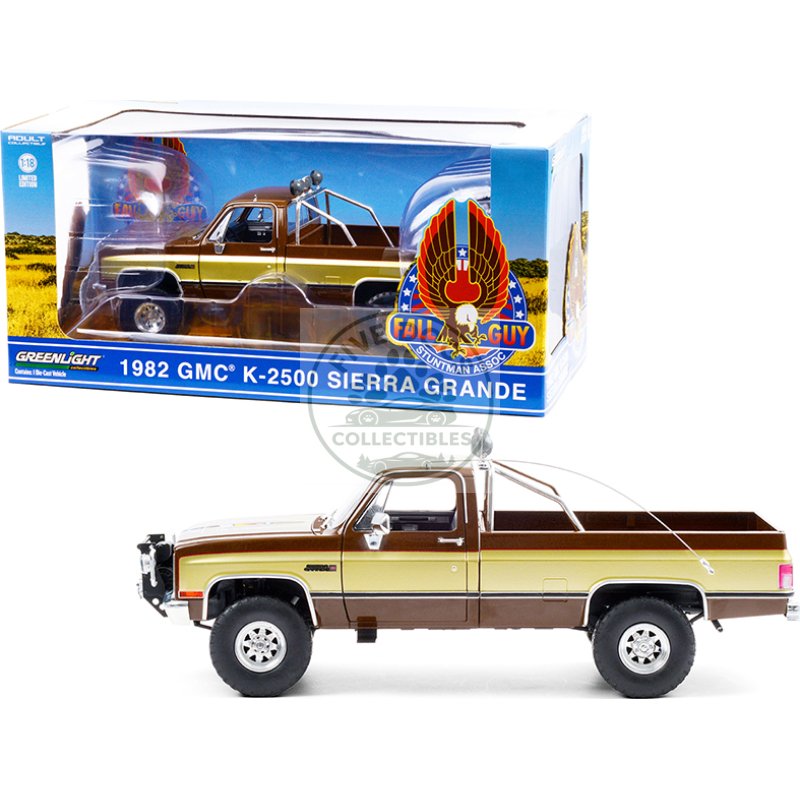 1982 gmc k 2500 sierra grande pickup truck brown with gold sides "fall guy stuntman association" "the fall guy" (1981 1986) tv series 1/18 diecast model car by greenlight