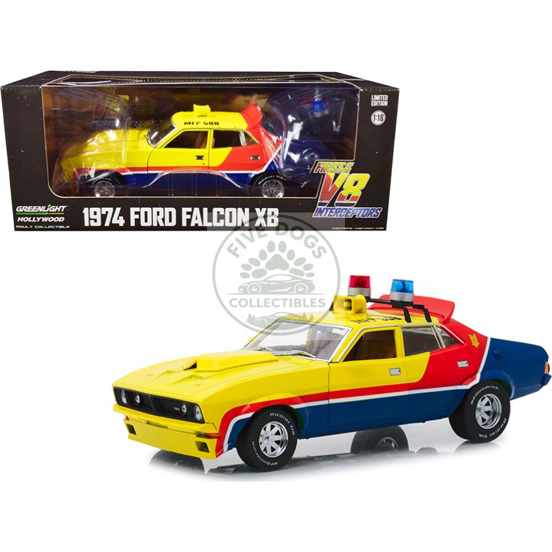 1974 ford falcon xb 4 door sedan rhd (right hand drive) yellow and blue with red stripes "mfp 508" "first of the v8 interceptors" (1979) movie 1/18 diecast model car by greenlight