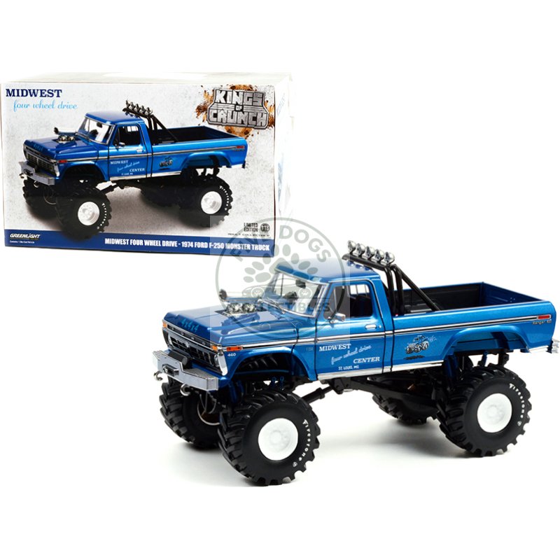 1974 ford f 250 ranger xlt monster truck with 48 inch tires blue metallic "midwest four wheel drive center" "kings of crunch" series 1/18 diecast model car by greenlight