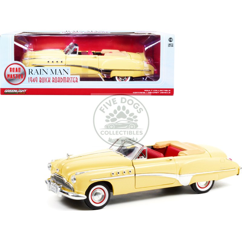 1949 buick roadmaster convertible (charlie babbitt's) yellow with red interior "rain man" (1988) movie 1/18 diecast model car by greenlight