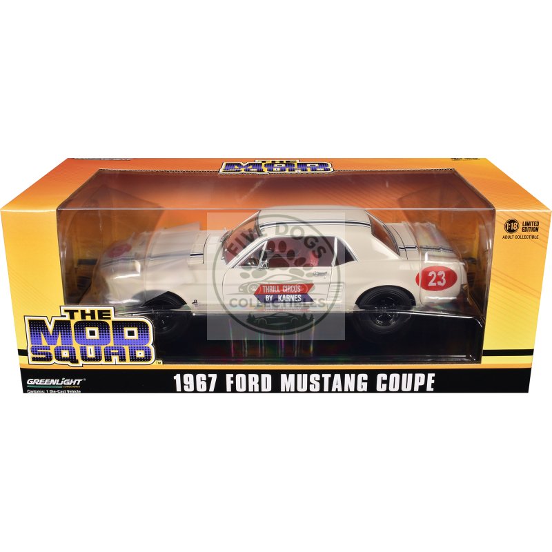 1967 ford mustang coupe #23 "thrill circus by karnes" white 1/18 diecast model car by greenlight