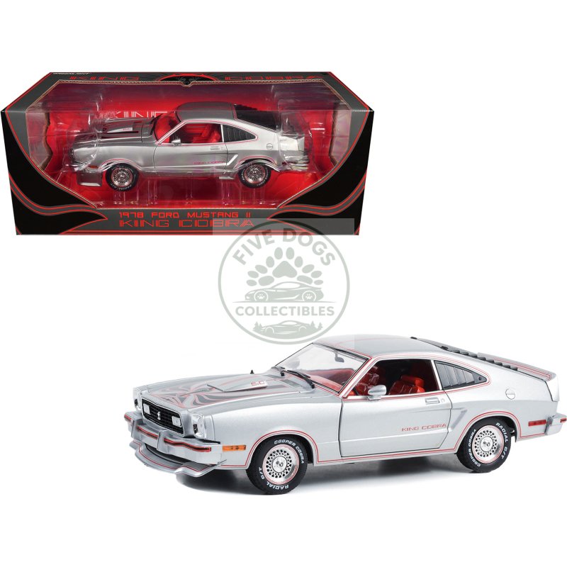 1978 ford mustang ii king cobra silver metallic with red and black hood stripes 1/18 diecast model car by greenlight