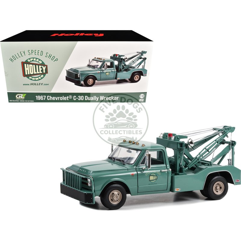 1967 chevrolet c 30 dually wrecker tow truck "holley speed shop" green 1/18 diecast model car by greenlight