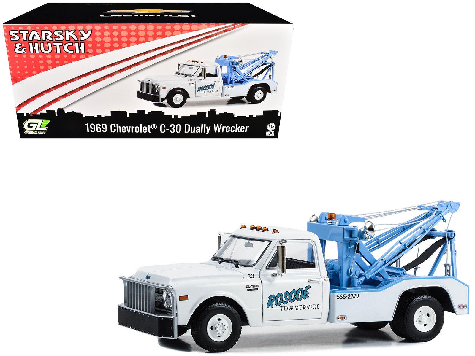 1969 chevrolet c 30 dually wrecker tow truck "roscoe tow service" white "starsky and hutch" (1975 1979) tv series 1/18 diecast model car by greenlight 1969 chevrolet c 30 dually wrecker tow truck "roscoe tow service" white "starsky and hutch" (1975 1979) tv series 1/18 diecast model car by greenlight
