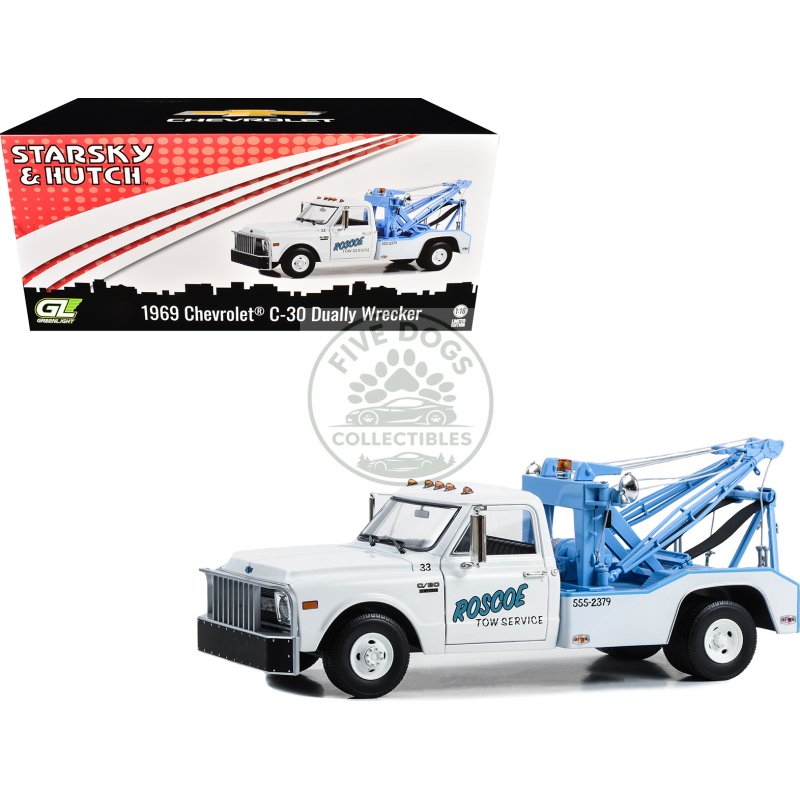 1969 chevrolet c 30 dually wrecker tow truck "roscoe tow service" white "starsky and hutch" (1975 1979) tv series 1/18 diecast model car by greenlight