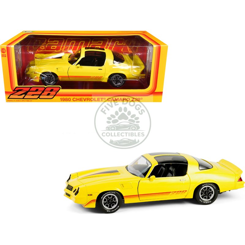 1980 chevrolet camaro z28 with t tops bright yellow with stripes 1/18 diecast model car by greenlight