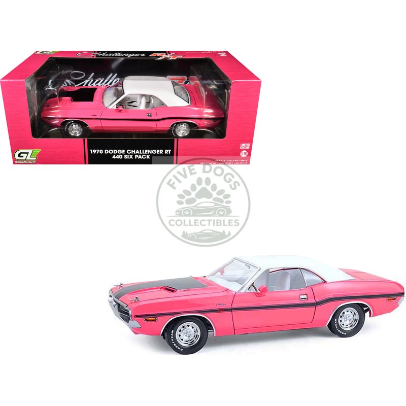 1970 dodge challenger r/t 440 six pack panther pink with black stripes white top and white interior 1/18 diecast model car by greenlight
