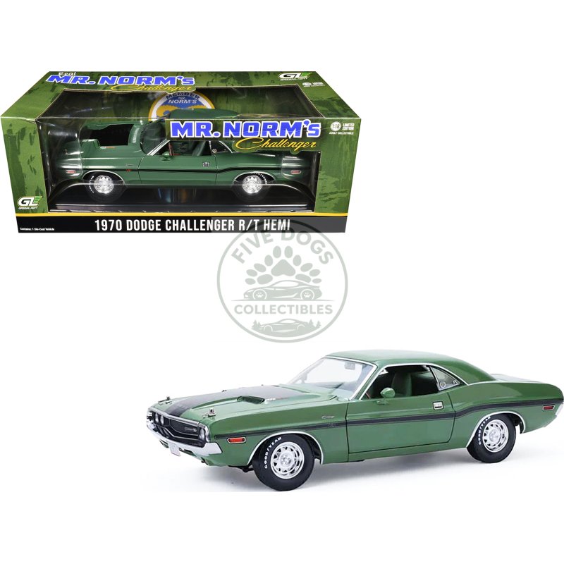 1970 dodge challenger r/t hemi f8 green with black stripes and green interior "mr. norm's challenger" 1/18 diecast model car by greenlight