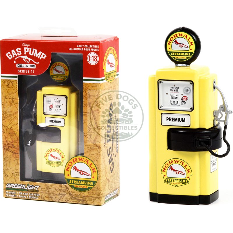1948 wayne 100 a gas pump "norwalk gasoline" yellow and black "vintage gas pumps" series 11 1/18 diecast model by greenlight