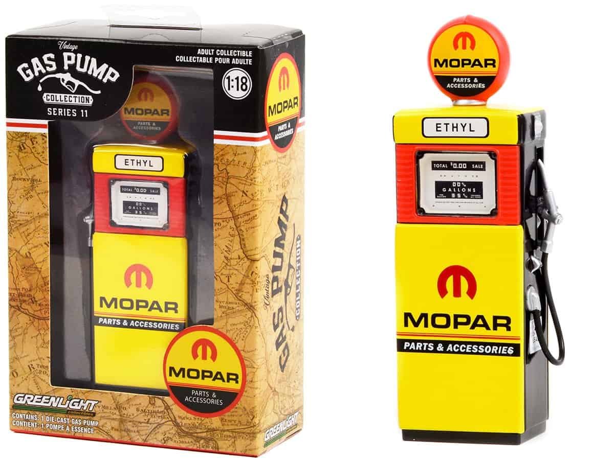 Gas Pump Collectible Toy - Mopar Series 11 Gas pump collectible toy with Mopar branding, yellow and red design, and detailed features.