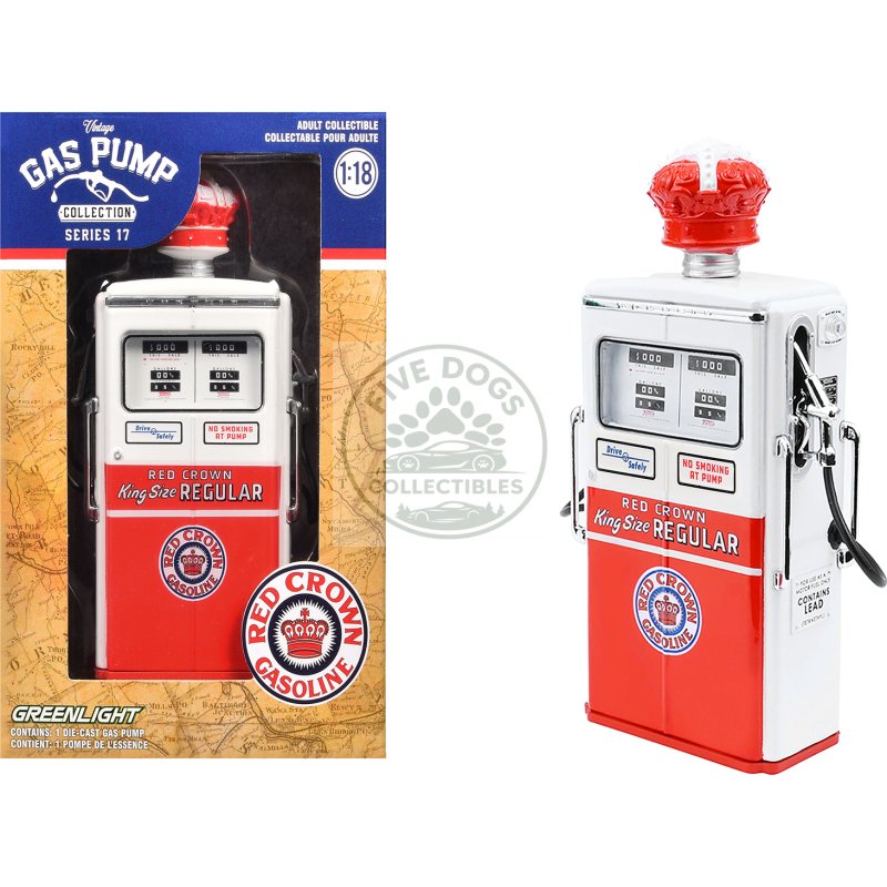 1954 tokheim 350 twin gas pump "red crown gasoline" white and red "vintage gas pumps" series 17 1/18 diecast replica by greenlight