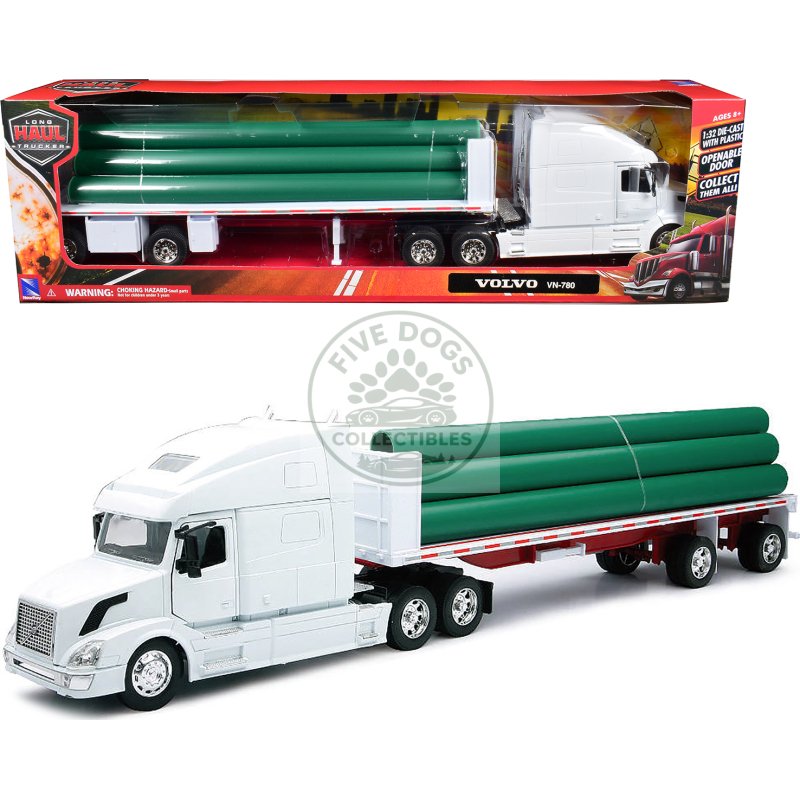 volvo vn 780 truck with flatbed trailer and long pipes white "long haul truckers" series 1/32 diecast model by new ray
