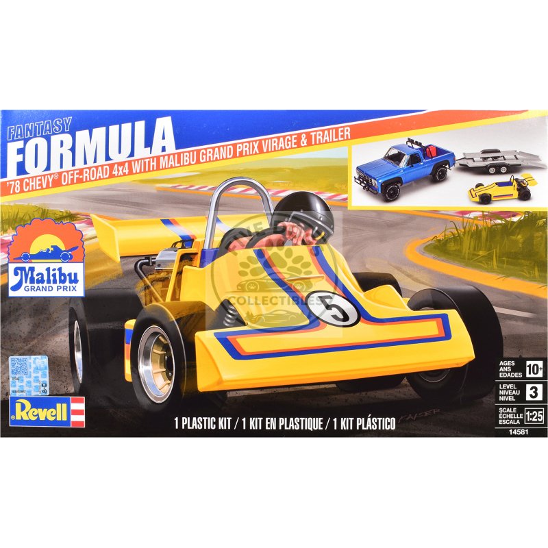 level 3 model kit 1978 chevrolet off road 4x4 pickup truck and "malibu grand prix" virage with trailer "fantasy formula" 1/25 scale model by revell