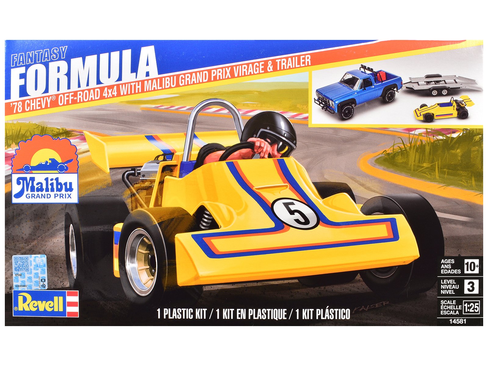 level 3 model kit 1978 chevrolet off road 4x4 pickup truck and "malibu grand prix" virage with trailer "fantasy formula" 1/25 scale model by revell level 3 model kit 1978 chevrolet off road 4x4 pickup truck and "malibu grand prix" virage with trailer "fantasy formula" 1/25 scale model by revell