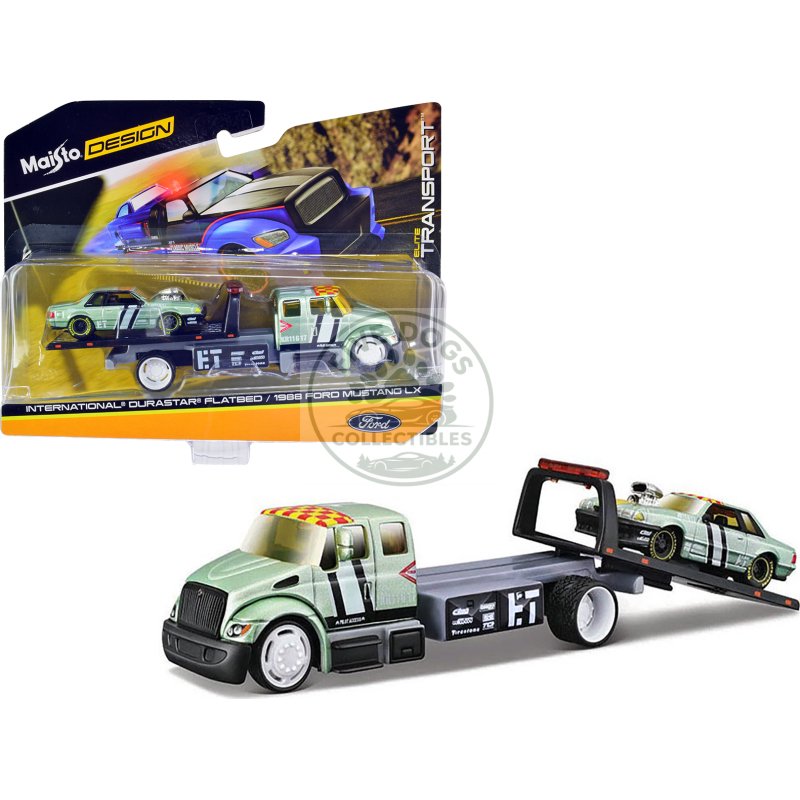 international durastar flatbed truck #17 and 1988 ford mustang lx #17 light green metallic with stripes and graphics "elite transport" series 1/64 diecast models by maisto
