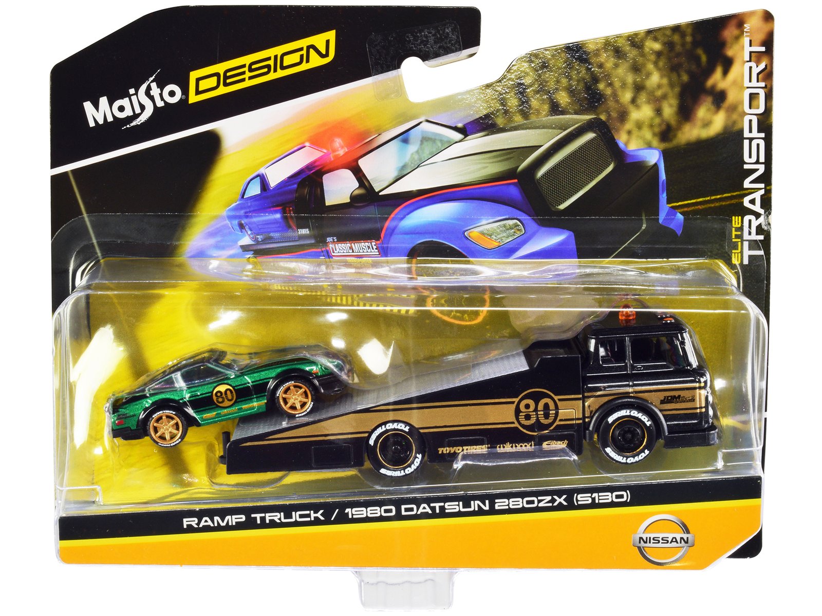 ramp truck #80 dark gray metallic with gold metallic stripes "jdm garage" and 1980 datsun 280zx (s130) #80 green metallic with stripes "elite transport" series 1/64 diecast models by maisto ramp truck #80 dark gray metallic with gold metallic stripes "jdm garage" and 1980 datsun 280zx (s130) #80 green metallic with stripes "elite transport" series 1/64 diecast models by maisto