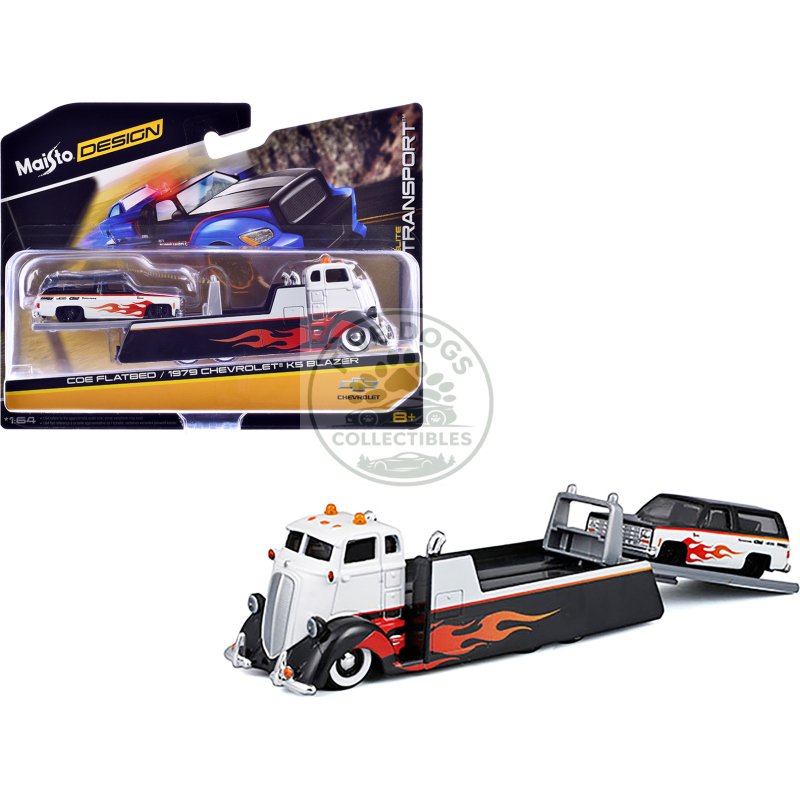 coe flatbed truck white and black with flame graphics and 1979 chevrolet k5 blazer black and white with flame graphics "elite transport" series 1/64 diecast models by maisto