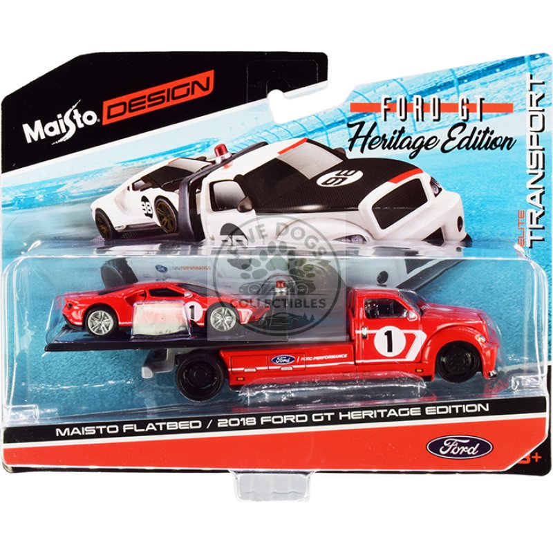 2018 ford gt #1 heritage edition with flatbed truck red with white stripes "elite transport" series 1/64 diecast model cars by maisto