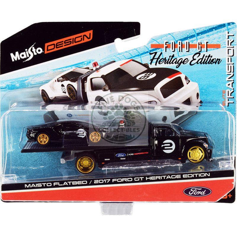 2017 ford gt #2 heritage edition with flatbed truck black "elite transport" series 1/64 diecast model cars by maisto