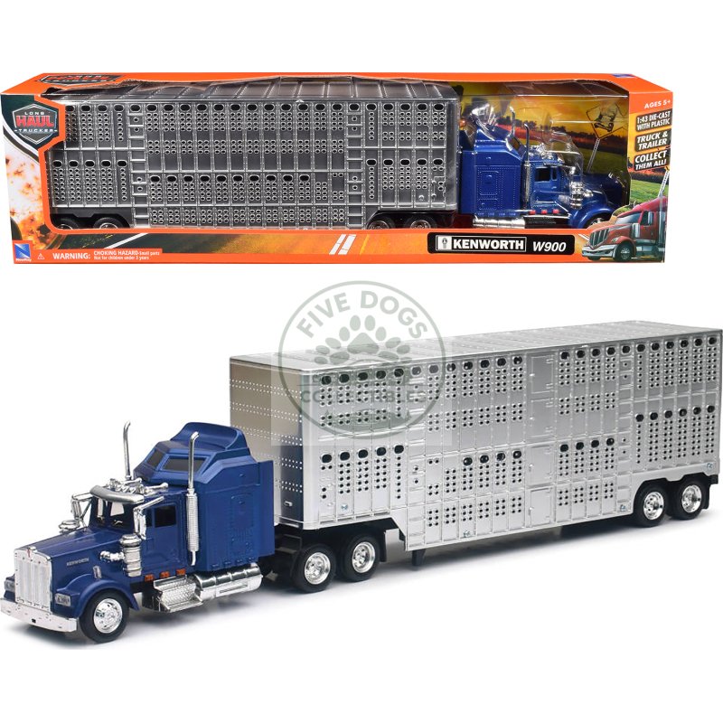 kenworth w900 truck blue with potbelly livestock trailer chrome "long haul truckers" series 1/43 diecast model by new ray
