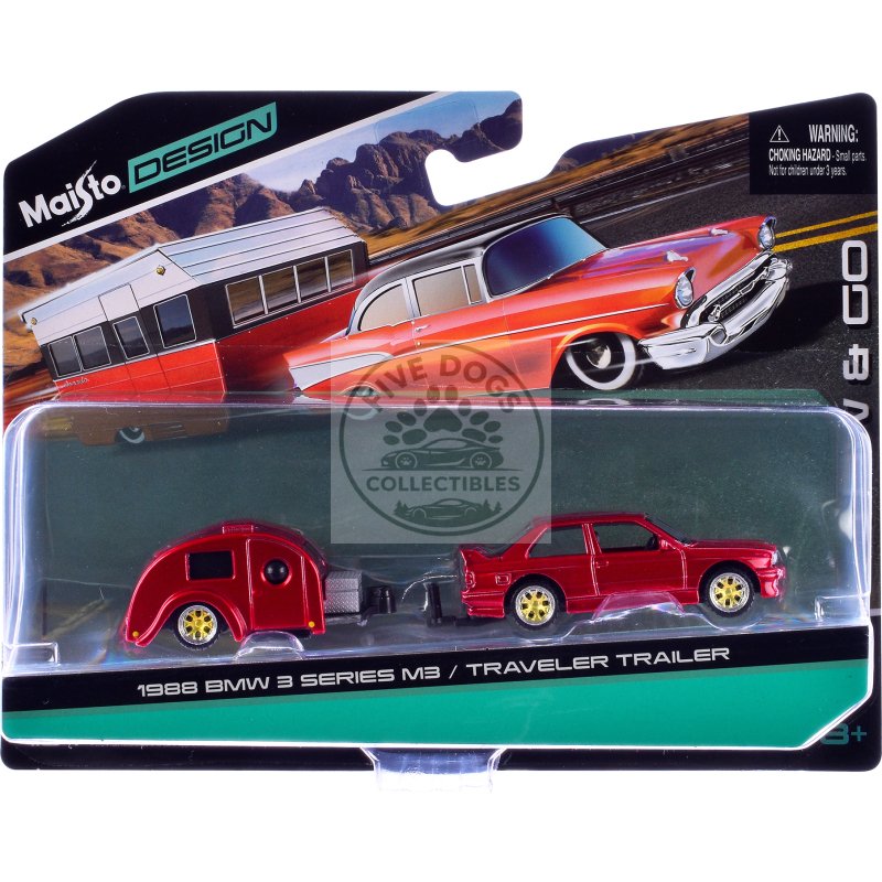 1988 bmw 3 series m3 red metallic with traveler trailer "tow & go" series 1/64 diecast model car by maisto