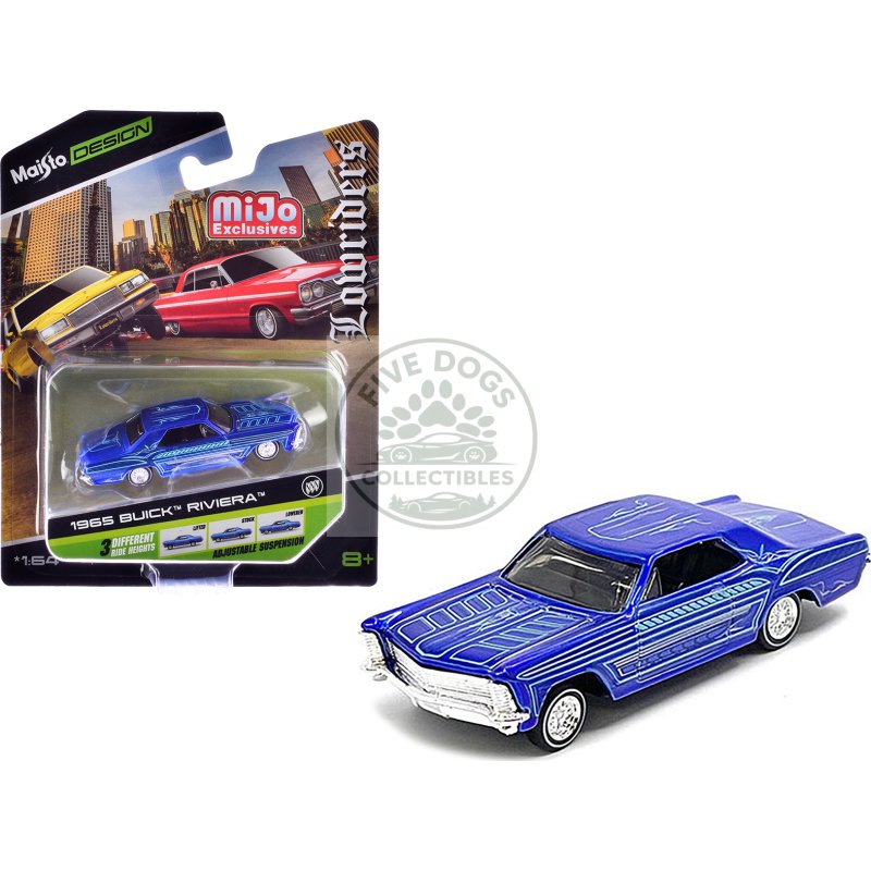1965 buick riviera candy blue with graphics "lowriders" "maisto design" series 1/64 diecast model car by maisto