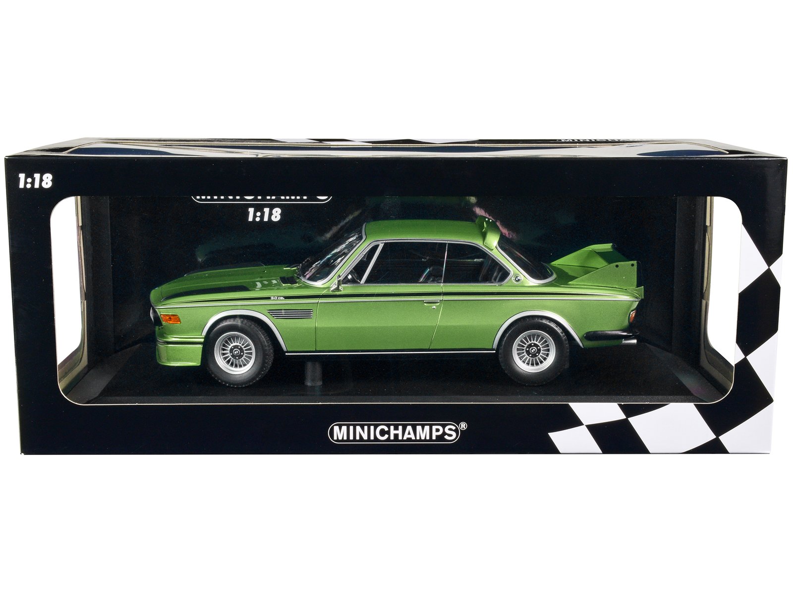 1973 bmw 3.0 csl green metallic with black stripes limited edition to 450 pieces worldwide 1/18 diecast model car by minichamps 1973 bmw 3.0 csl green metallic with black stripes limited edition to 450 pieces worldwide 1/18 diecast model car by minichamps