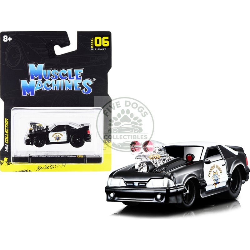 1993 ford mustang svt cobra chp "california highway patrol" black and white 1/64 diecast model car by muscle machines