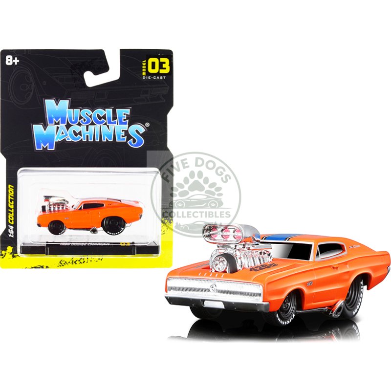 1966 dodge charger 426 c.i. orange with blue stripe 1/64 diecast model car by muscle machines