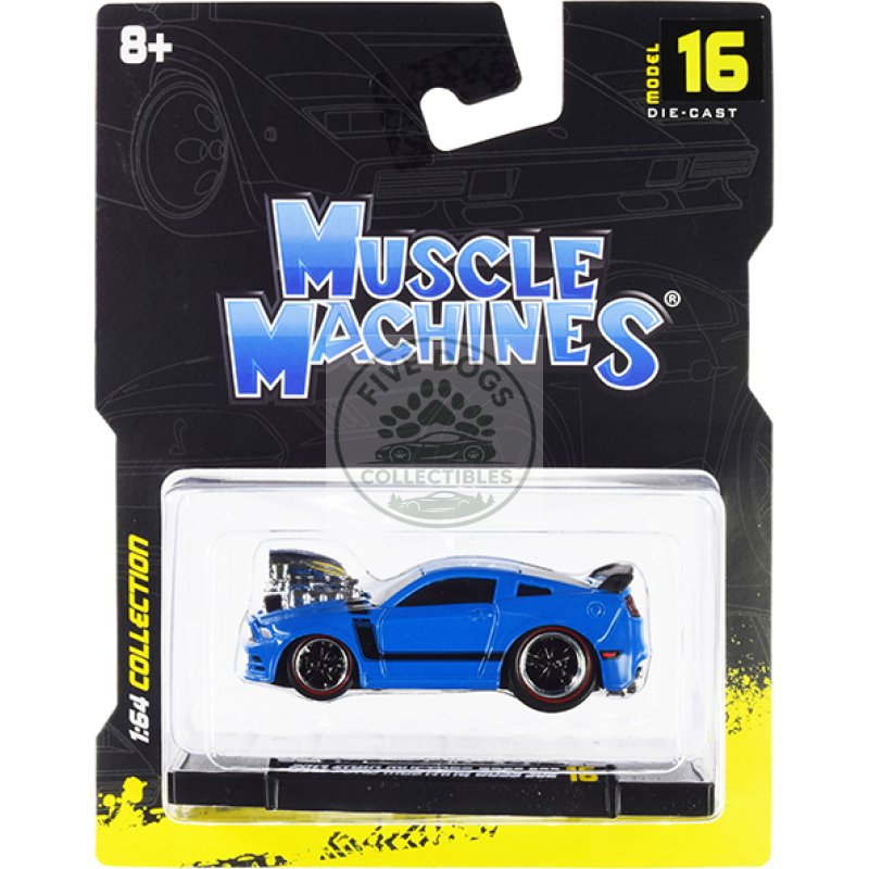 2013 ford mustang boss 302 light blue with black stripes 1/64 diecast model car by muscle machines
