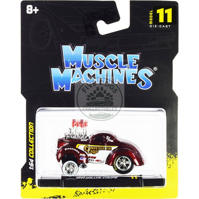 1941 willys coupe gasser "competition cams" red metallic and white 1/64 diecast model car by muscle machines
