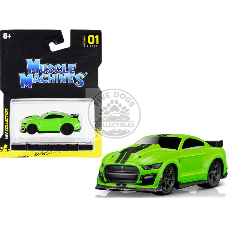 2020 ford mustang shelby gt500 bright green with black stripes 1/64 diecast model car by muscle machines