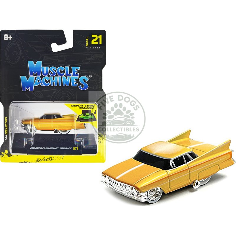 gene winfield’s 1961 cadillac maybelline yellow metallic with white stripes 1/64 diecast model car by muscle machines