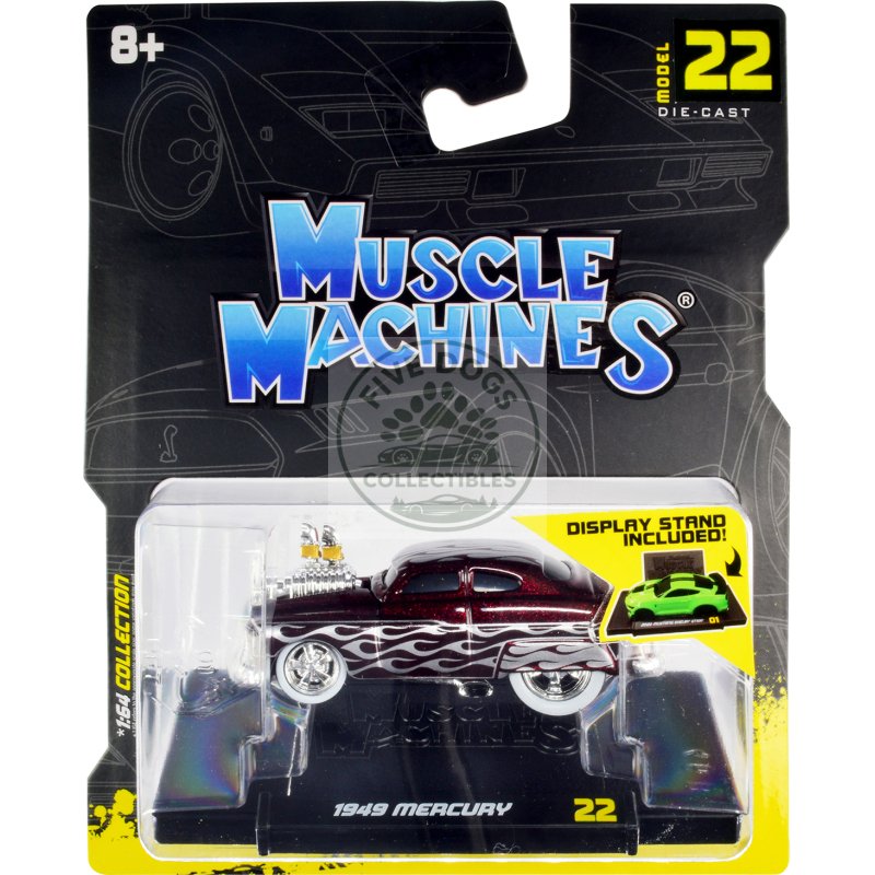 1949 mercury custom coupe dark red metallic with flames 1/64 diecast model car by muscle machines