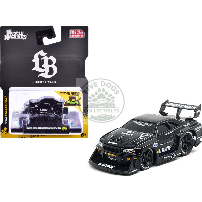 1999 nissan skyline gt r (r34) #5 "liberty walk" black 1/64 diecast model car by muscle machines
