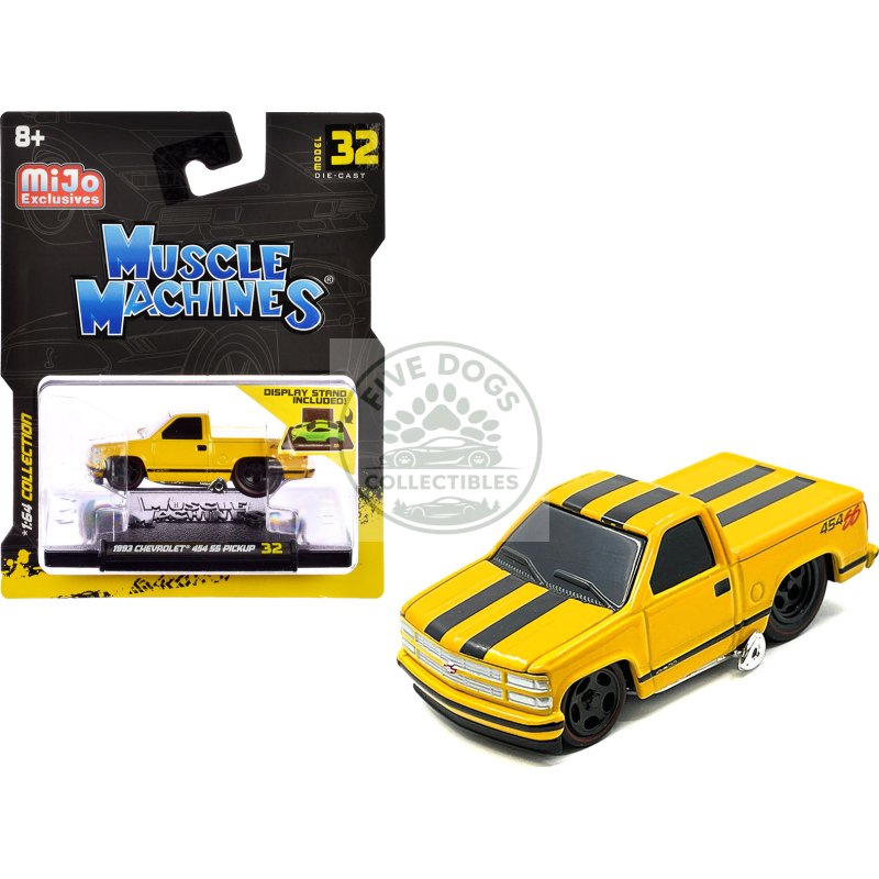 1993 chevrolet 454 ss pickup truck yellow with black stripes 1/64 diecast model car by muscle machines
