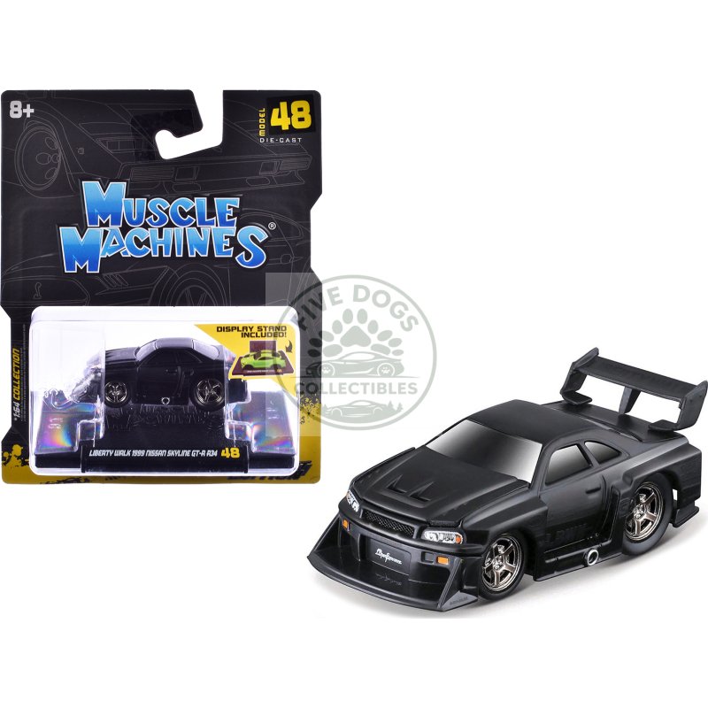 1999 nissan skyline gt r (r34) #5 "liberty walk" matt black 1/64 diecast model car by muscle machines