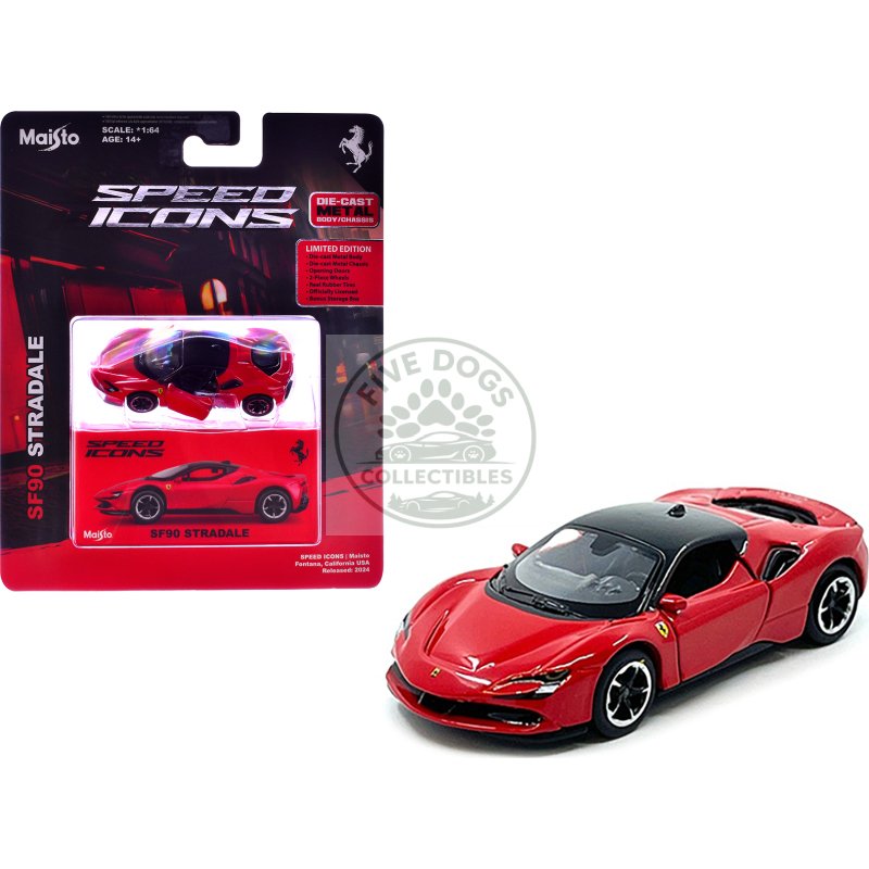 ferrari sf90 stradale red with black top "speed icons" series 1/64 diecast model car by maisto
