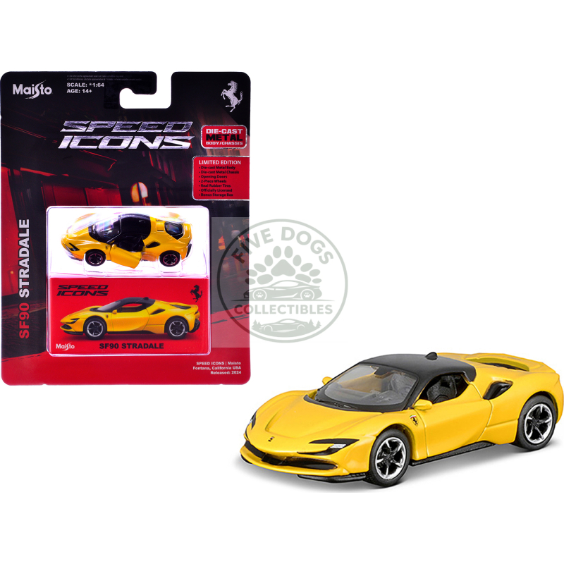 ferrari sf90 stradale yellow with black top "speed icons" series 1/64 diecast model car by maisto