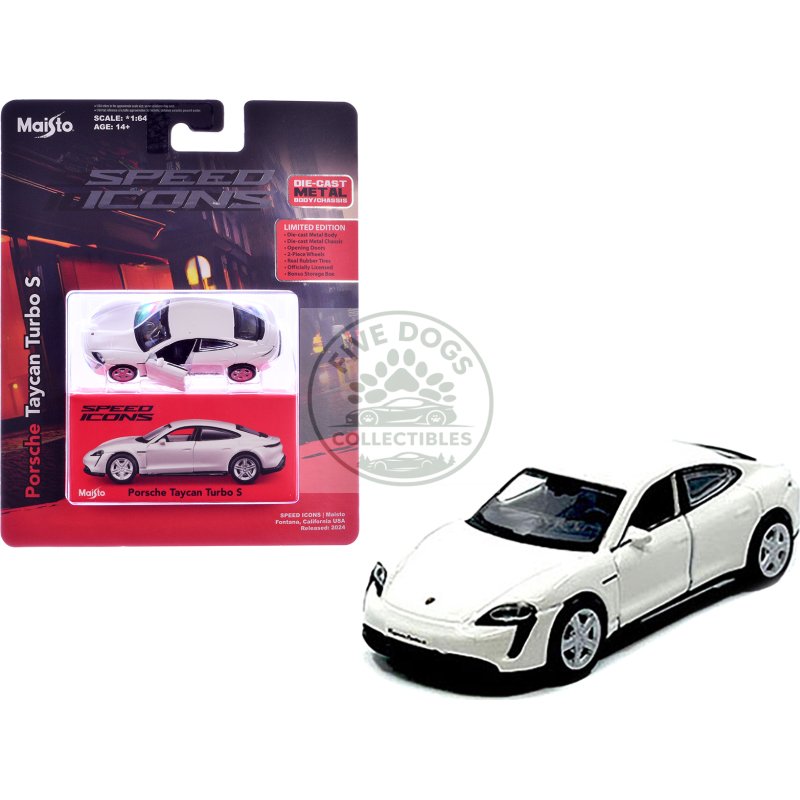 porsche taycan turbo s white "speed icons" series 1/64 diecast model car by maisto