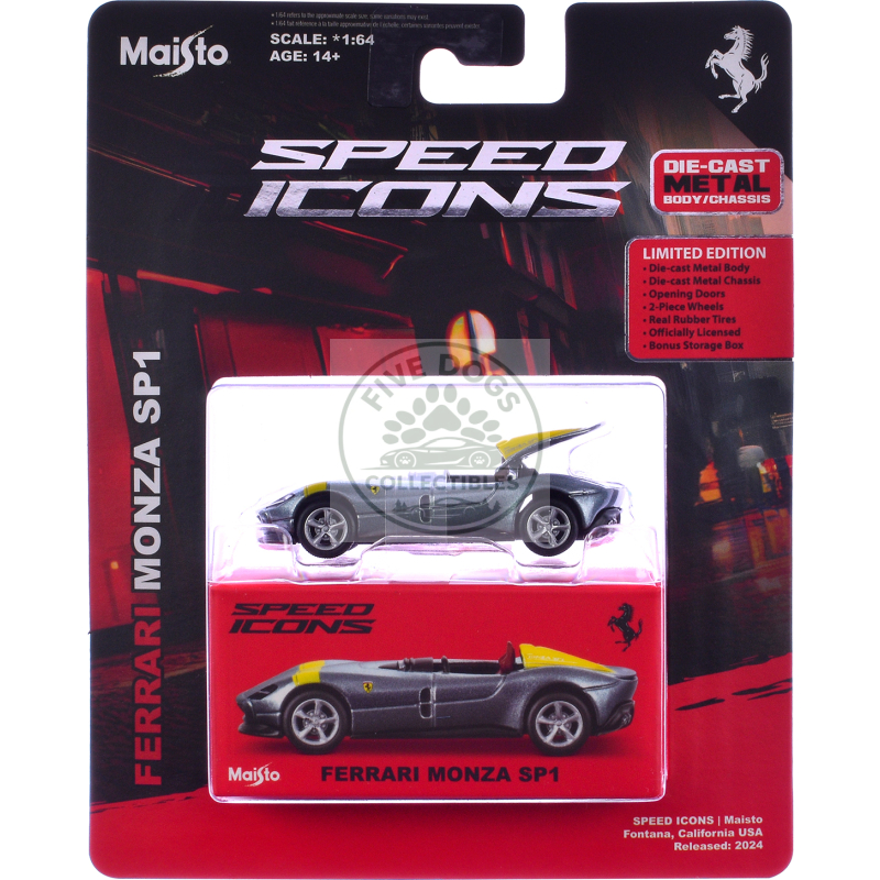 ferrari monza sp1 silver metallic with yellow stripes "speed icons" series 1/64 diecast model car by maisto