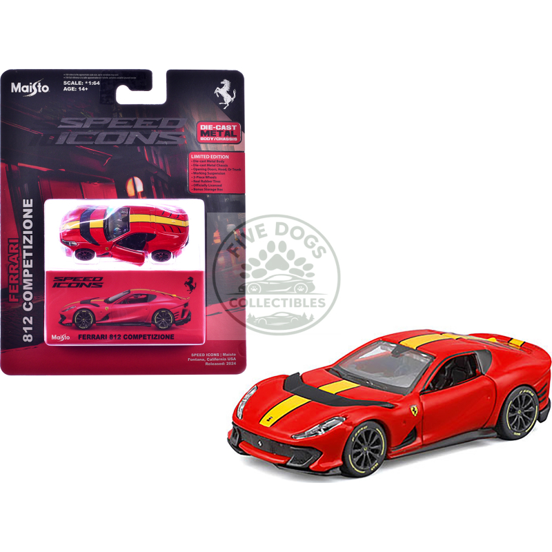 ferrari 812 competizione red with yellow stripe "speed icons" series 1/64 diecast model car by maisto
