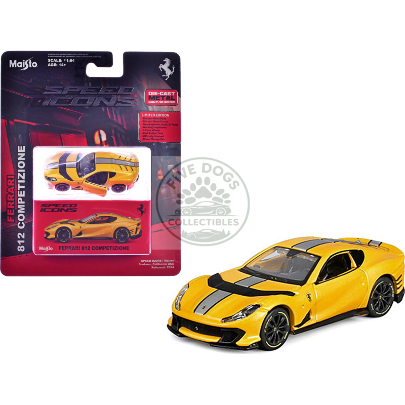 ferrari 812 competizione yellow metallic with silver stripe "speed icons" series 1/64 diecast model car by maisto