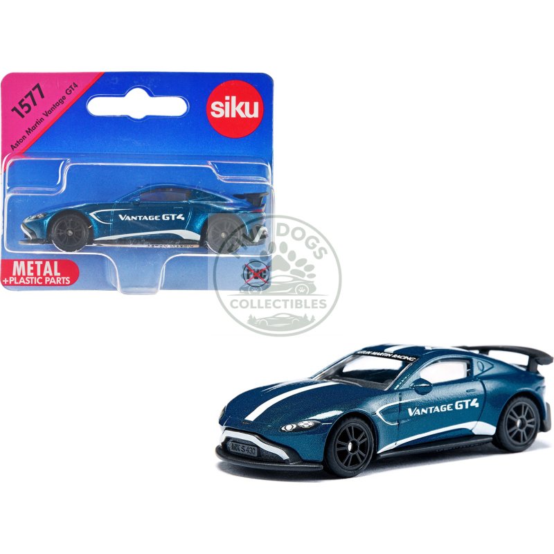 aston martin vantage gt4 blue metallic with white stripes diecast model car by siku