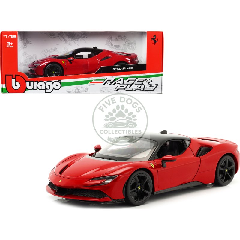 ferrari sf90 stradale red with black top "race + play" series 1/18 diecast model car by bburago