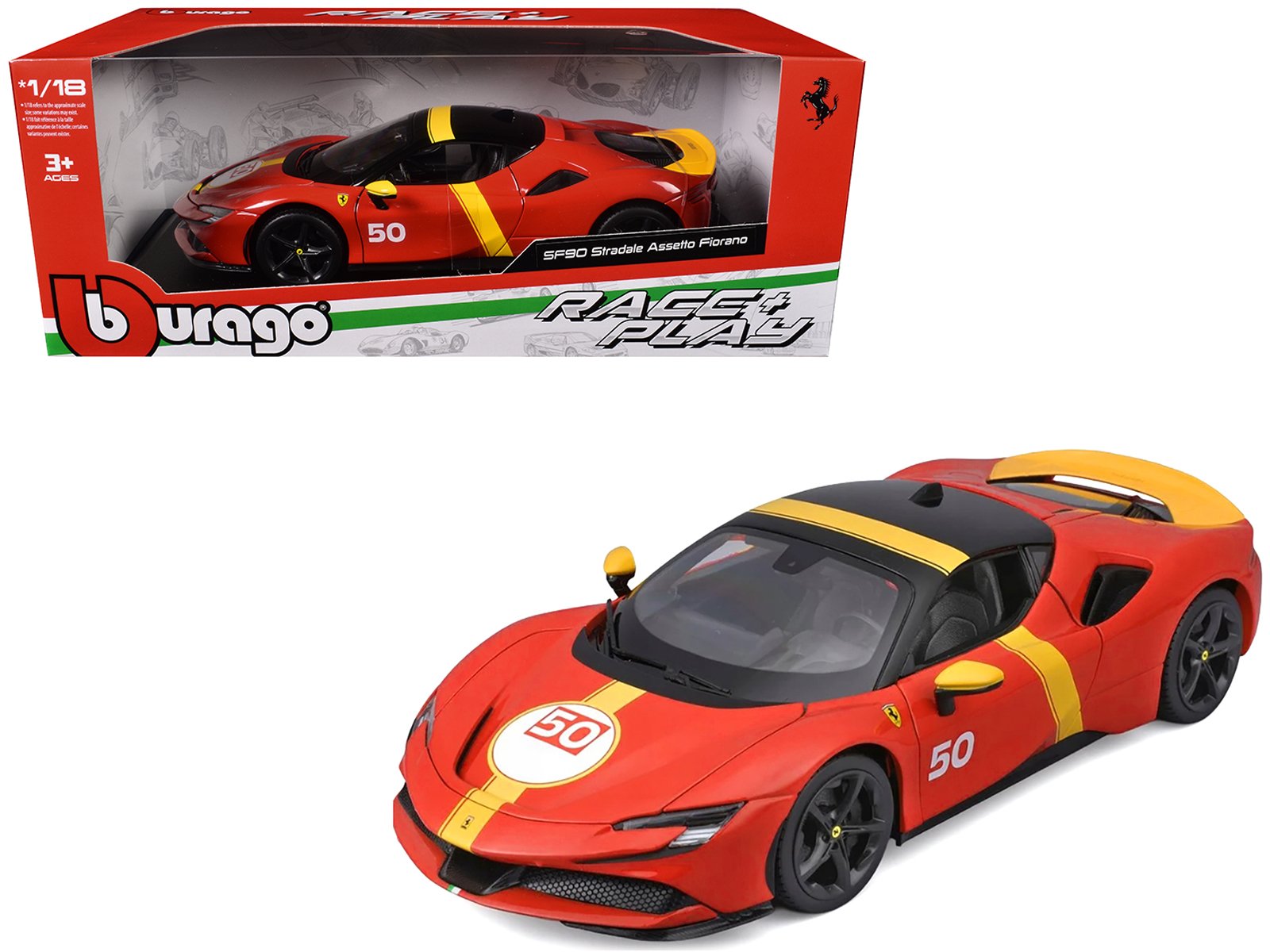 ferrari sf90 stradale assetto fiorano #50 red with black top and yellow stripes "race + play" series 1/18 diecast model car by bburago ferrari sf90 stradale assetto fiorano #50 red with black top and yellow stripes "race + play" series 1/18 diecast model car by bburago