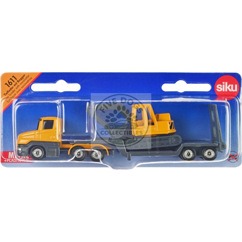 truck with low loader trailer and excavator yellow diecast model by siku